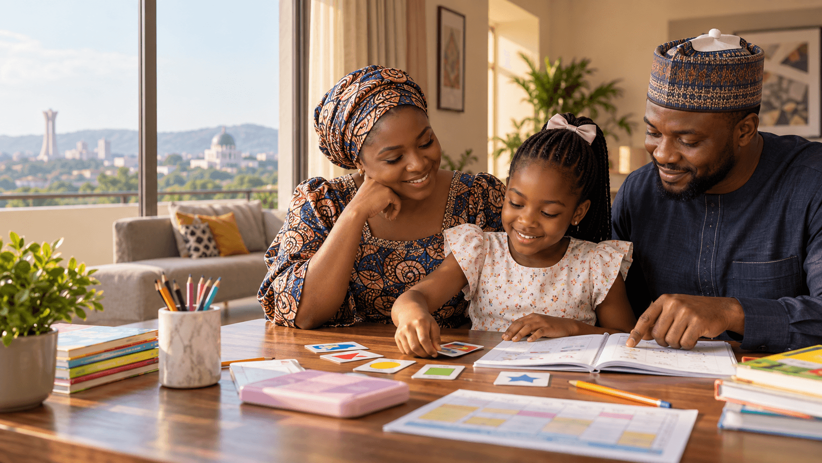 Nigerian parents supporting their daughter with child-friendly Common Entrance preparation