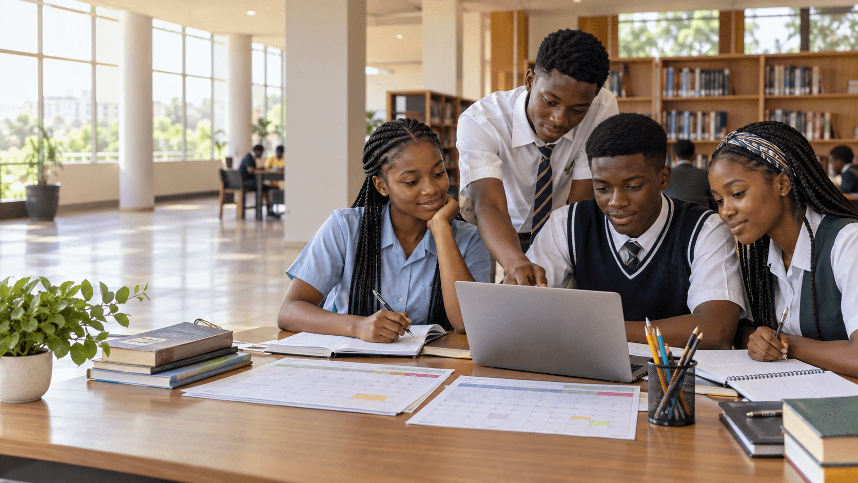Nigerian secondary-school students planning their examination calendar together in a library