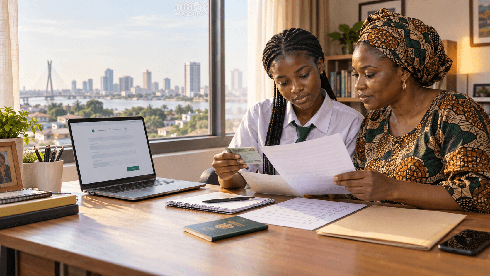 Nigerian student and her mother reviewing registration documents at home