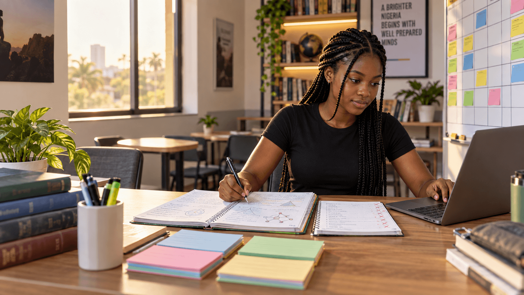 Young Nigerian woman mapping JAMB syllabus topics into a structured study plan