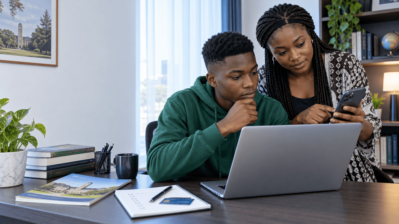 Nigerian university applicant and his sister carefully verifying an admission status online