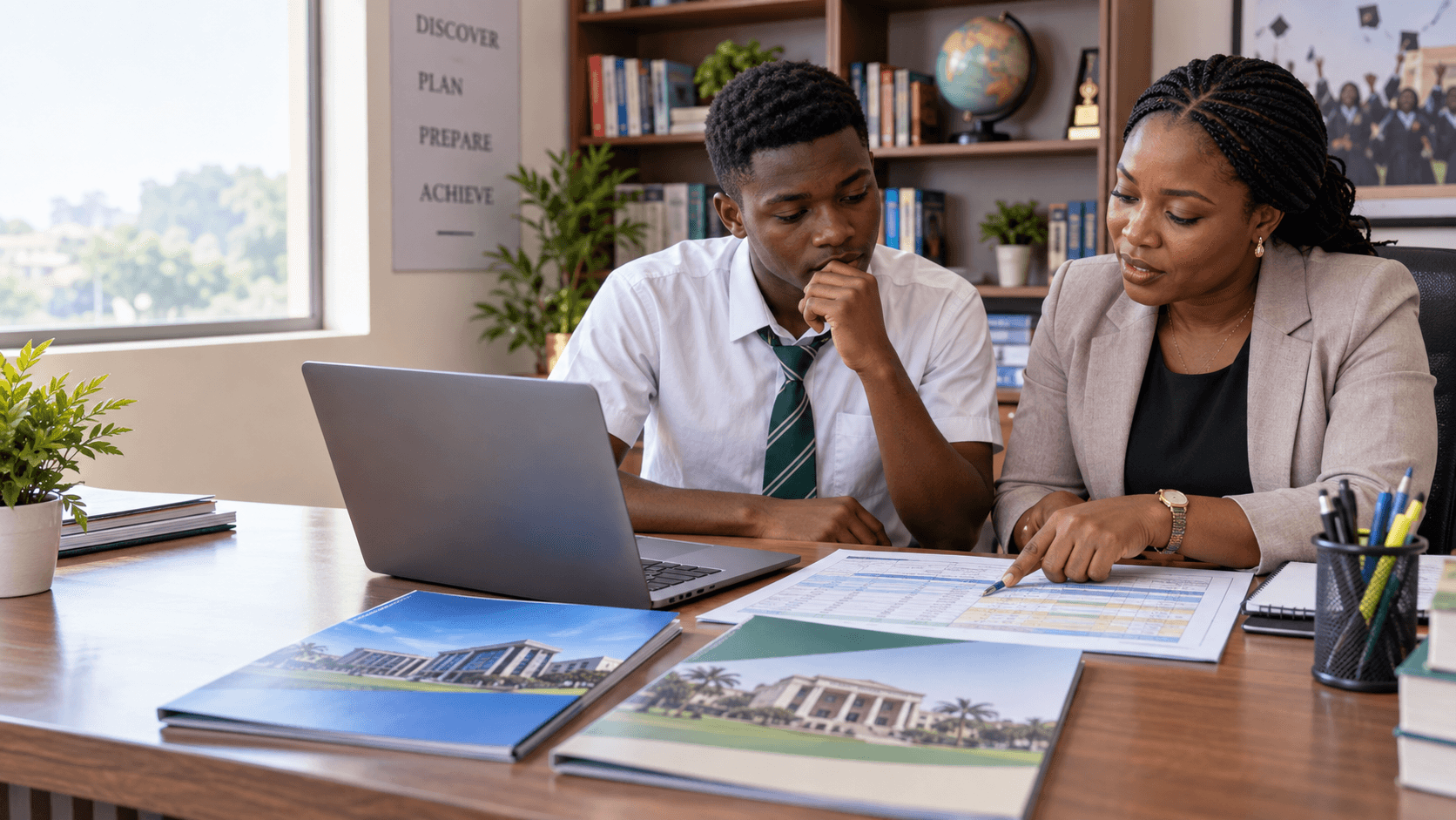 Nigerian school graduate comparing course requirements with a guidance counsellor