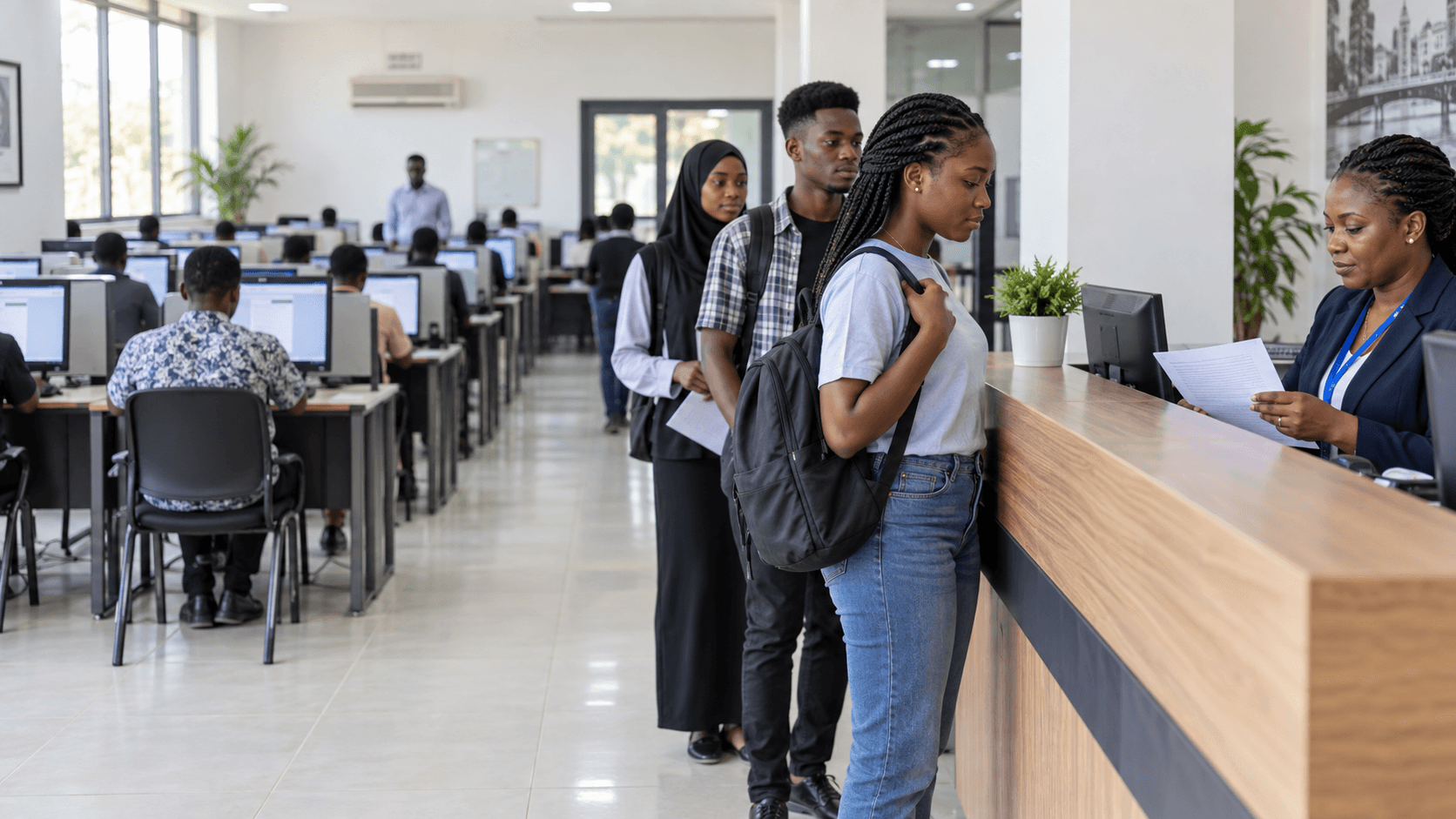 Young Nigerian candidates checking in at an organised computer testing centre