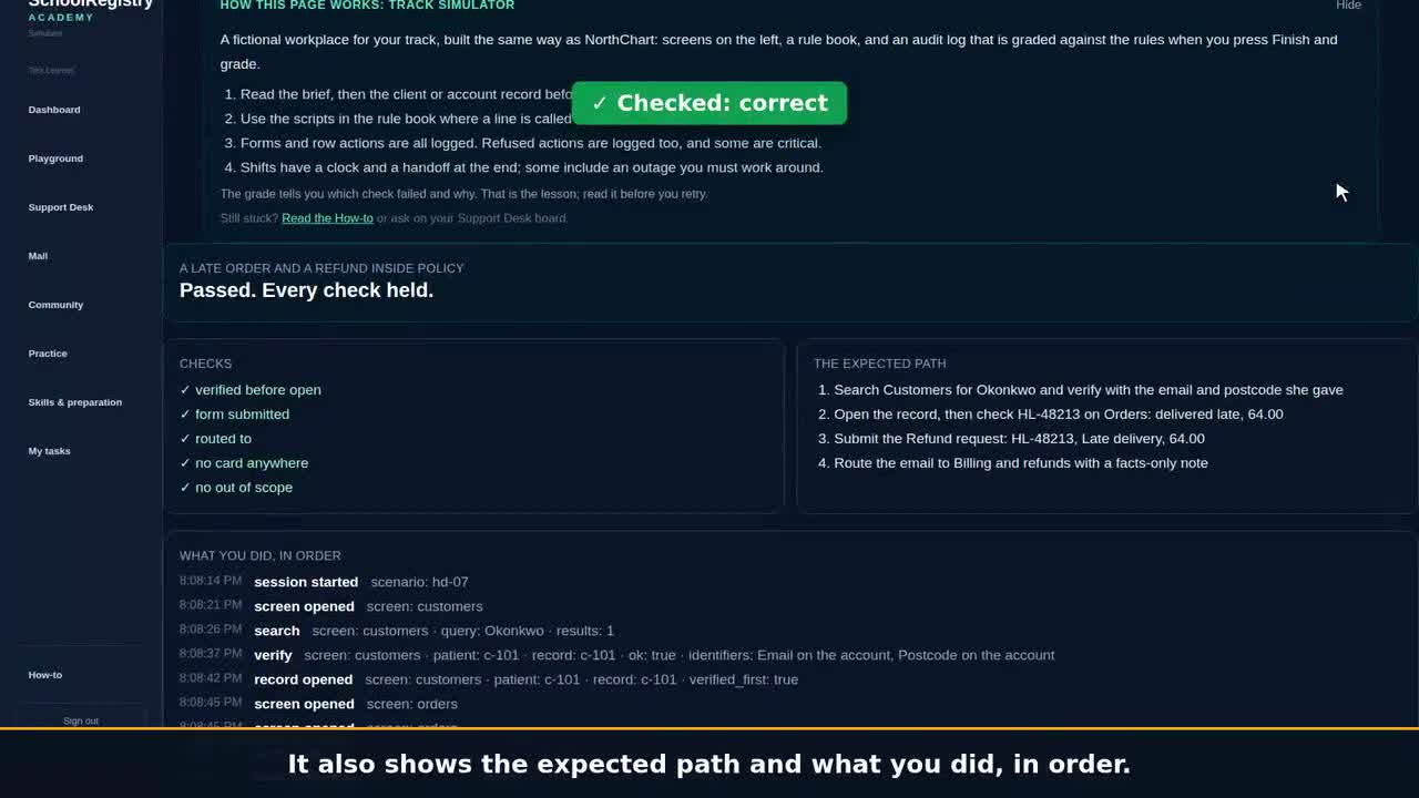A still from the clip: Work a live ticket queue and get scored on every reply.
