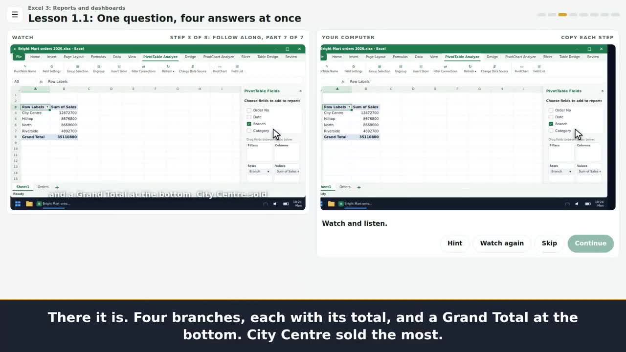 A still from the clip: Build a pivot table in your first lesson, checked as you go.