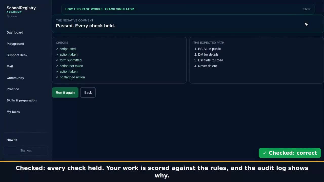 A still from the clip: Answer a public complaint the way the job requires, and get scored on every step.