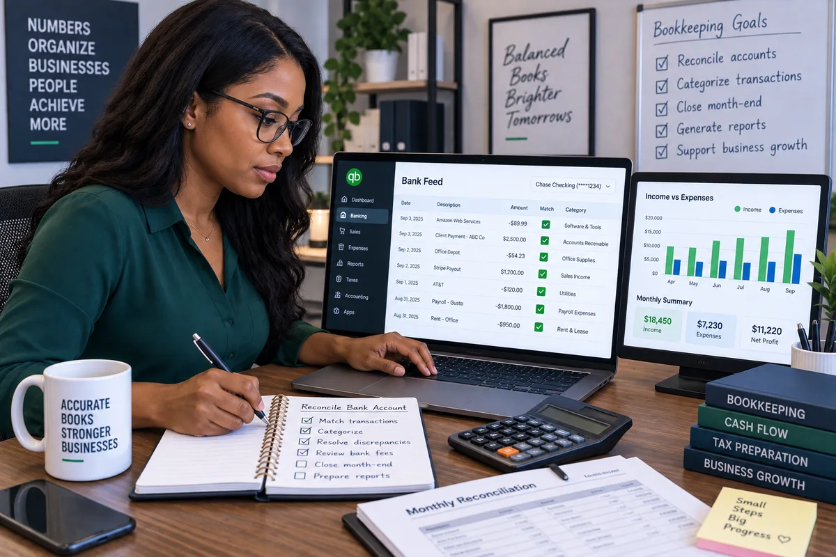 Illustration of a young Nigerian adult reconciling a cloud ledger at a laptop