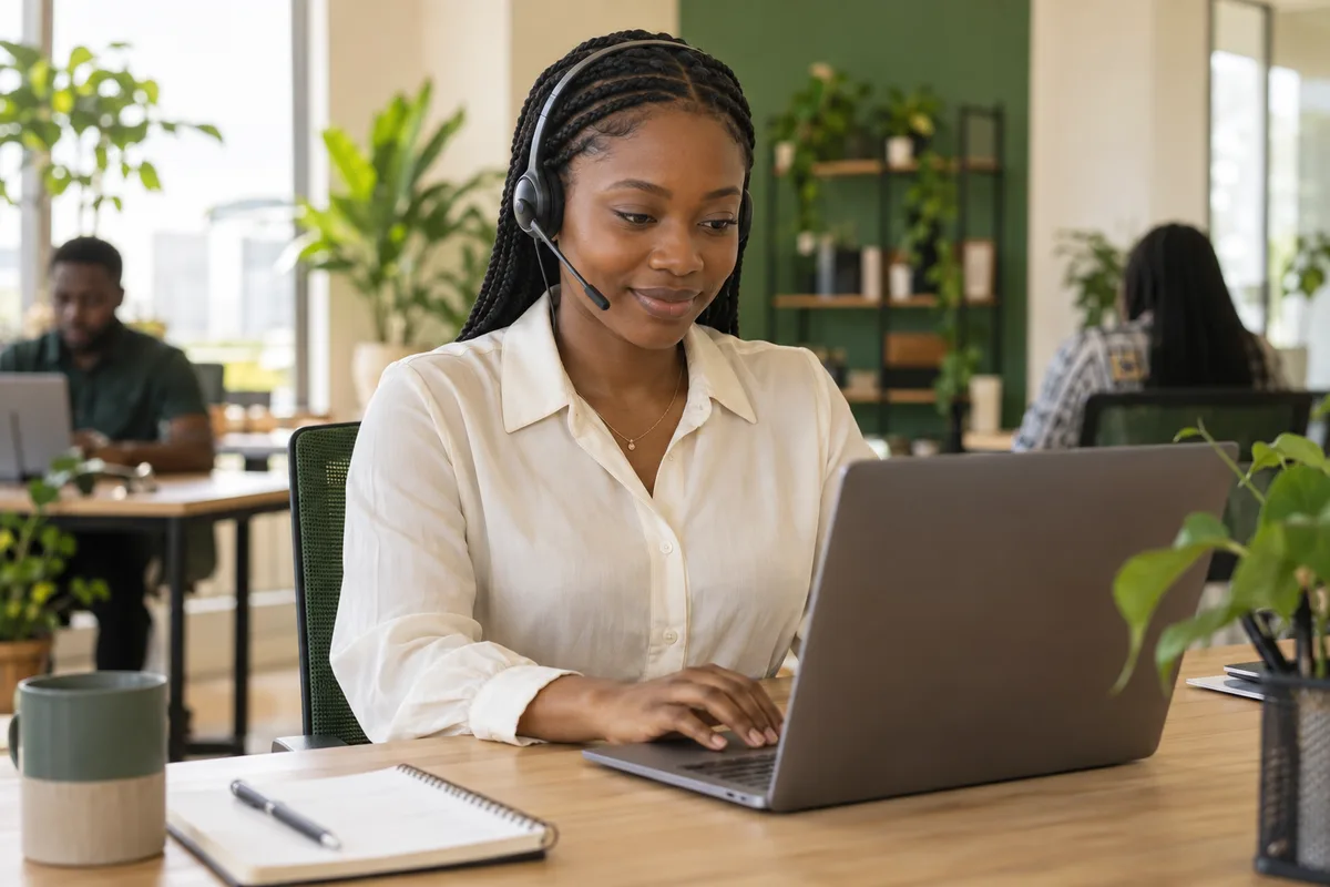 Illustration of a young Nigerian adult working through a customer request with a headset and laptop