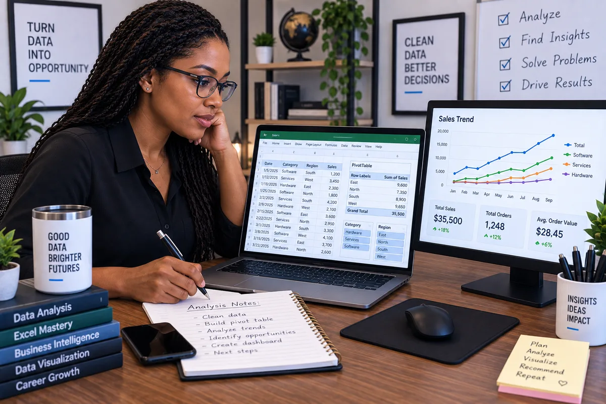 Illustration of a young Nigerian adult building a dashboard from a spreadsheet at a laptop