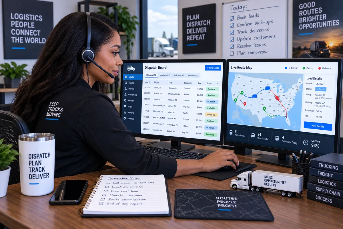 Illustration of a young Nigerian adult running a truck dispatch board with a US lane map at two monitors