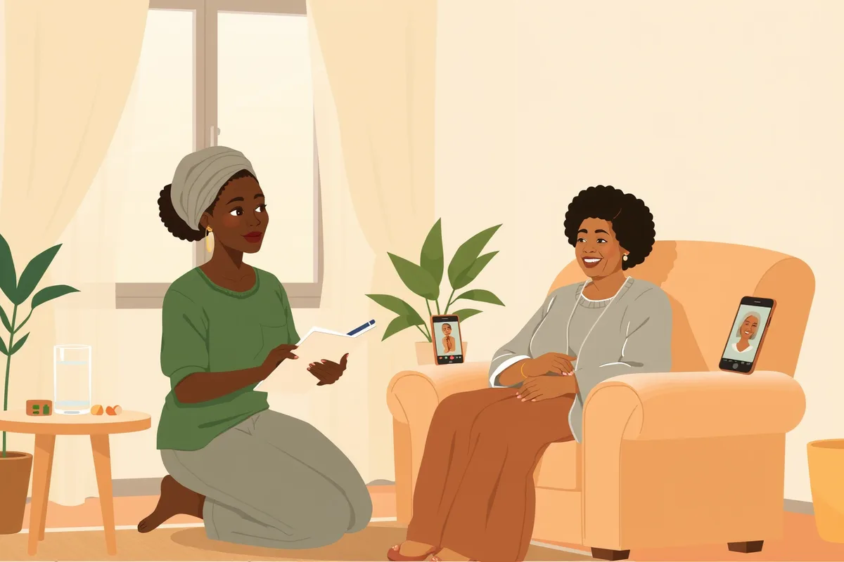 Illustration of a young Nigerian carer kneeling beside an elderly woman in a Lagos living room, notebook in hand, a video call with her daughter abroad on the phone