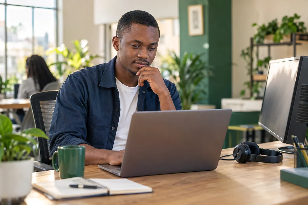 Illustration of a young Nigerian adult investigating a technical issue at a laptop