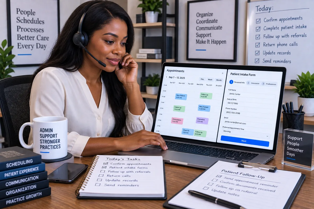 Illustration of a young Nigerian adult handling a clinic call at a laptop with a headset