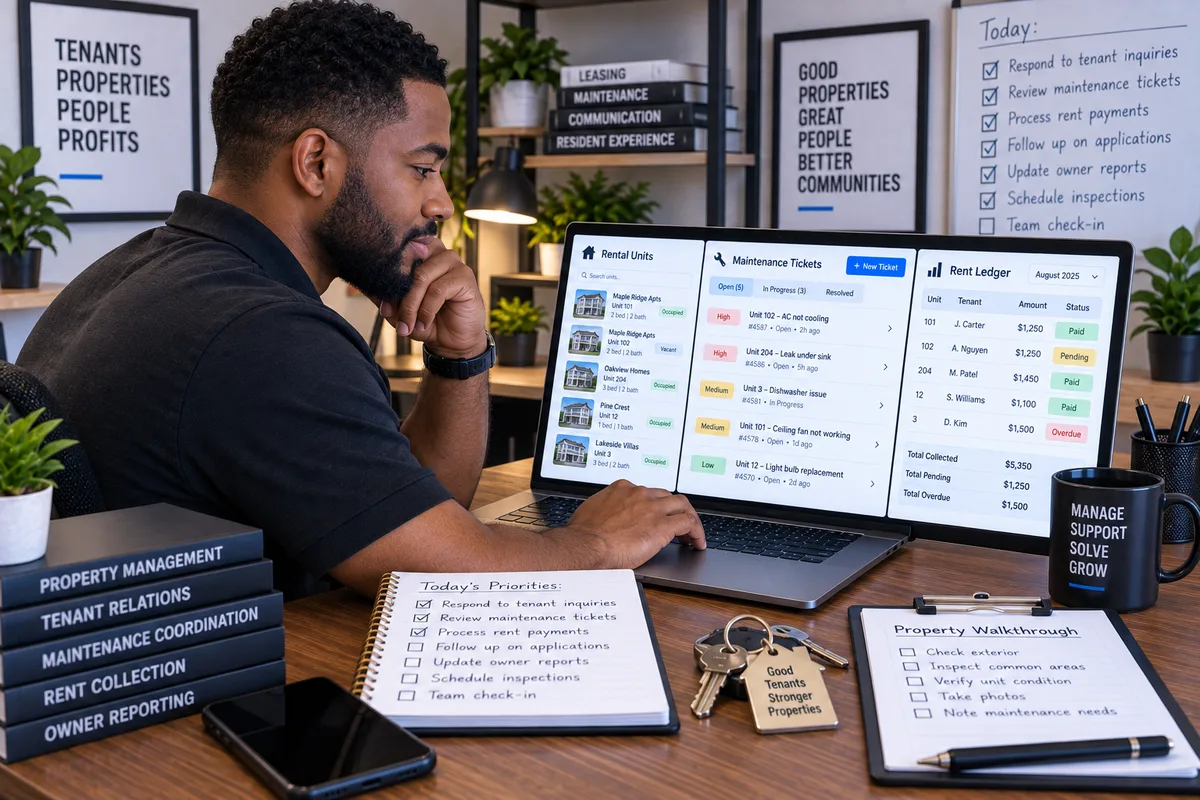 Illustration of a young Nigerian adult running a property management dashboard with a maintenance queue and rent ledger at a laptop