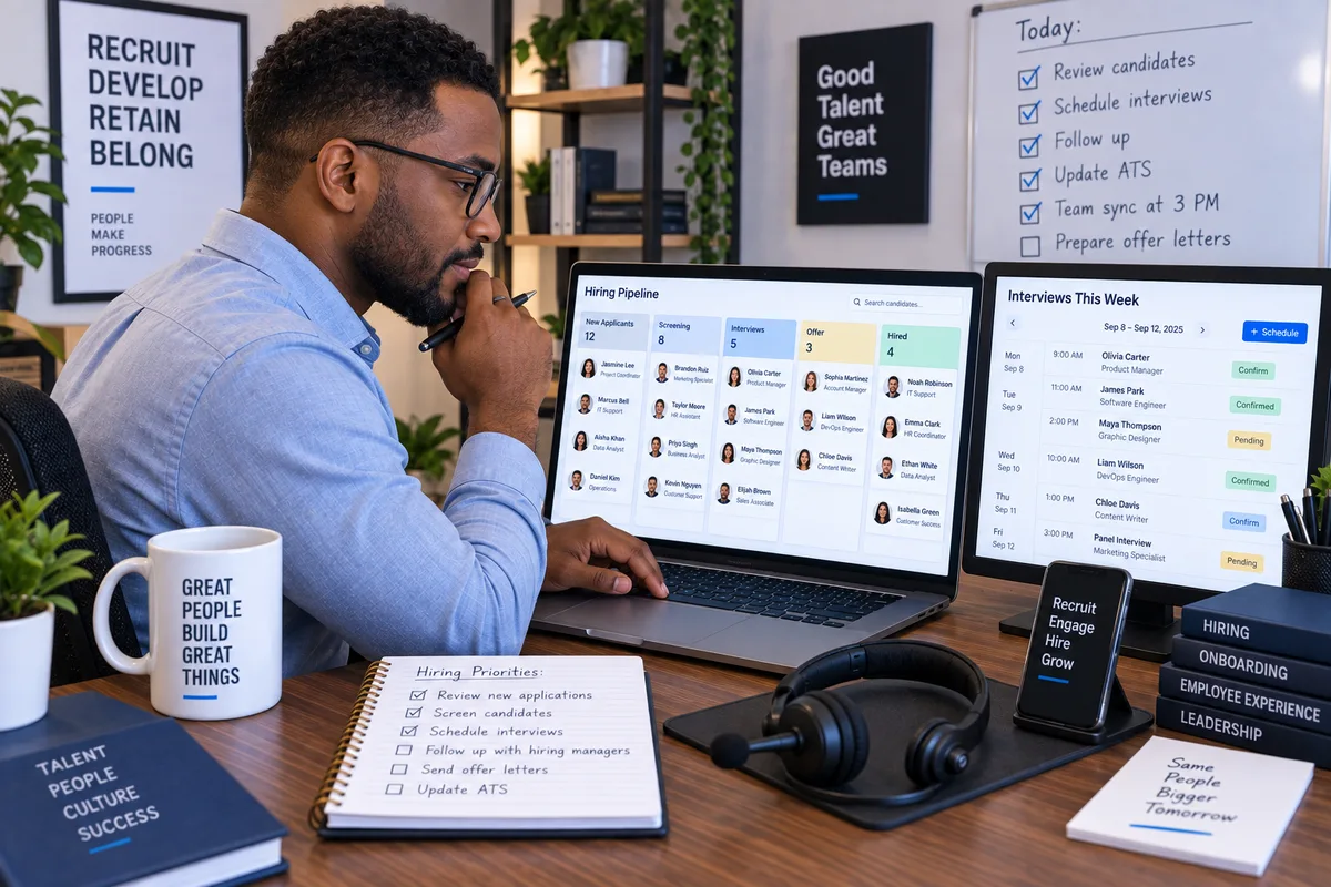 Illustration of a young Nigerian adult managing a hiring pipeline and interview calendar at a laptop