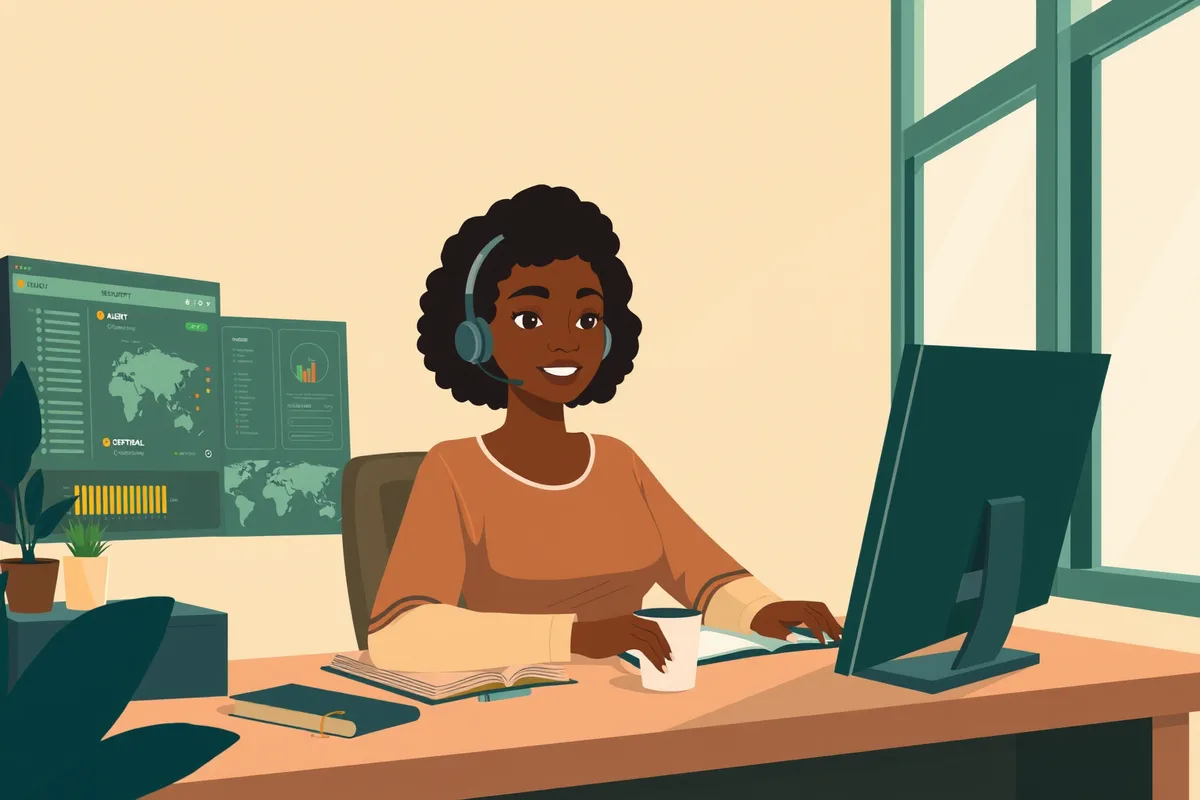 Illustration of a young Nigerian adult triaging security alerts on two monitors
