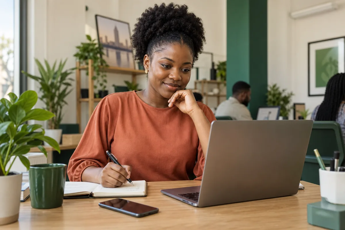 Illustration of a young Nigerian adult planning social content with a laptop and notebook