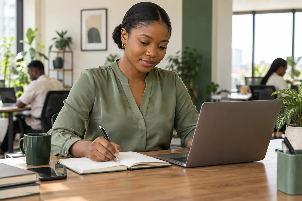 Illustration of a young Nigerian adult organizing work at a laptop and writing in a planner