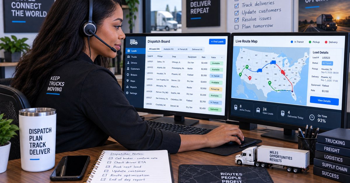 A young Nigerian professional running a truck dispatch board with a US lane map