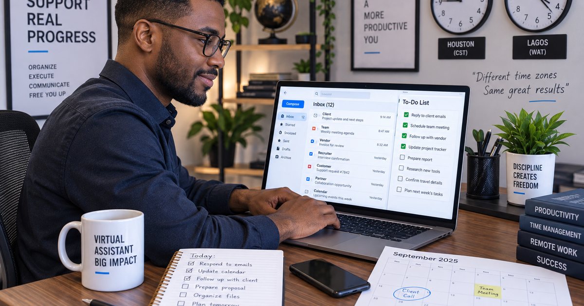 A young Nigerian professional working as a virtual assistant from a home desk