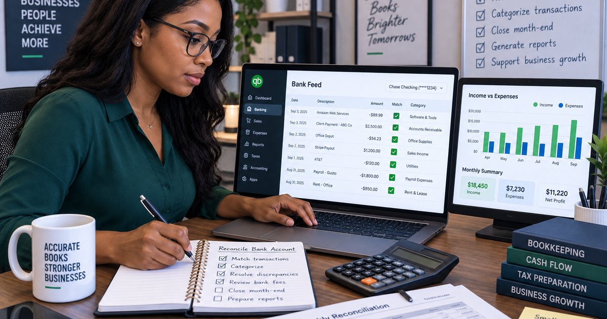 A young Nigerian professional reconciling a cloud ledger at a laptop