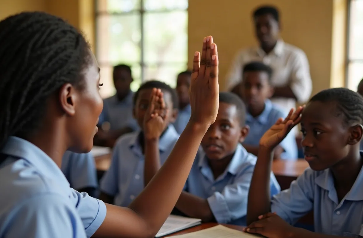 A teacher leading a discussion with students in a secondary school classroom