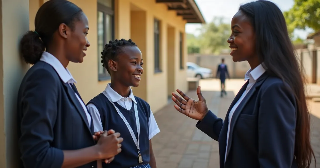 A parent and student speaking with a teacher during a secondary school visit in Lagos